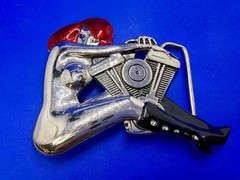 Woman Hugging V-Twin Engine with Red Enamel Hair Novelty Figural Belt Buckle