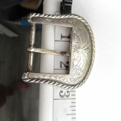 Belt Buckle Loop Etched Silver Plated Western Black Coated Leather Strap Keeper