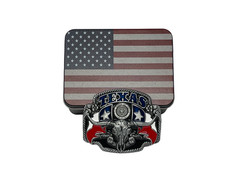 Belt Buckle Gift Set with 12 x 18 Inch American Flag with USA Flag Tin – Texas
