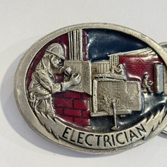 C & J Belt Buckle Electrician Silver Red Blue Tone Oval Electric Work Men’s