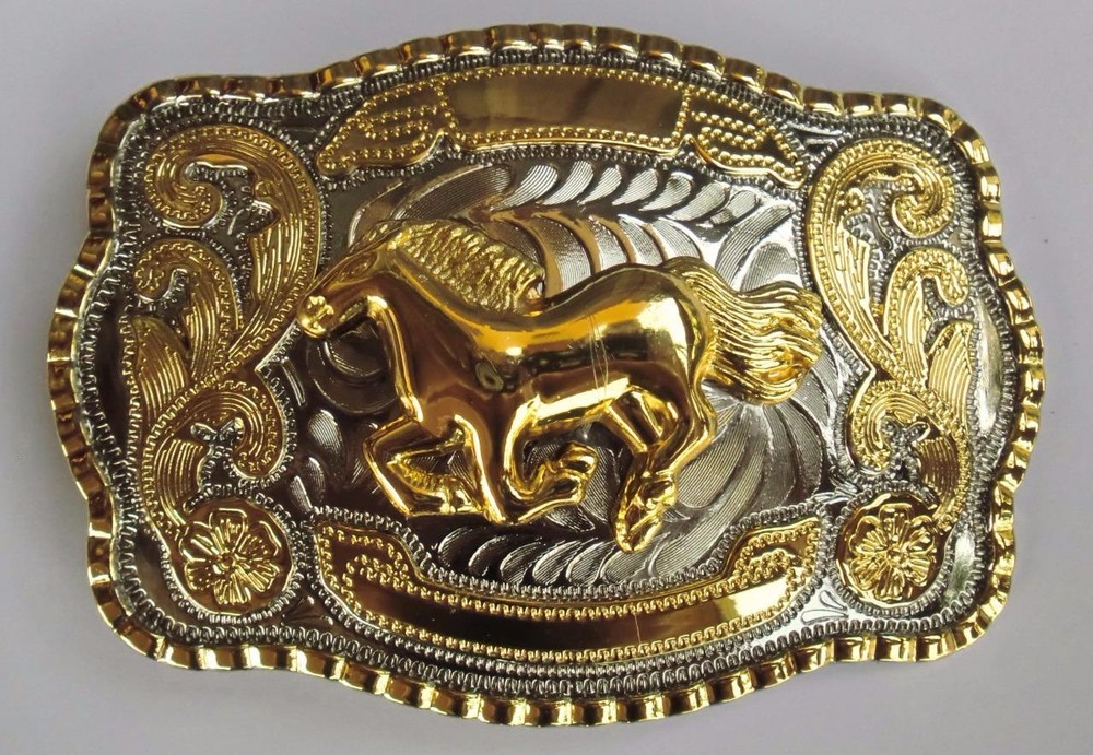 NEW RUNNING HORSE GOLD SILVER HUGE RODEO BIG COWBOY WESTERN SHINE BELT BUCKLE