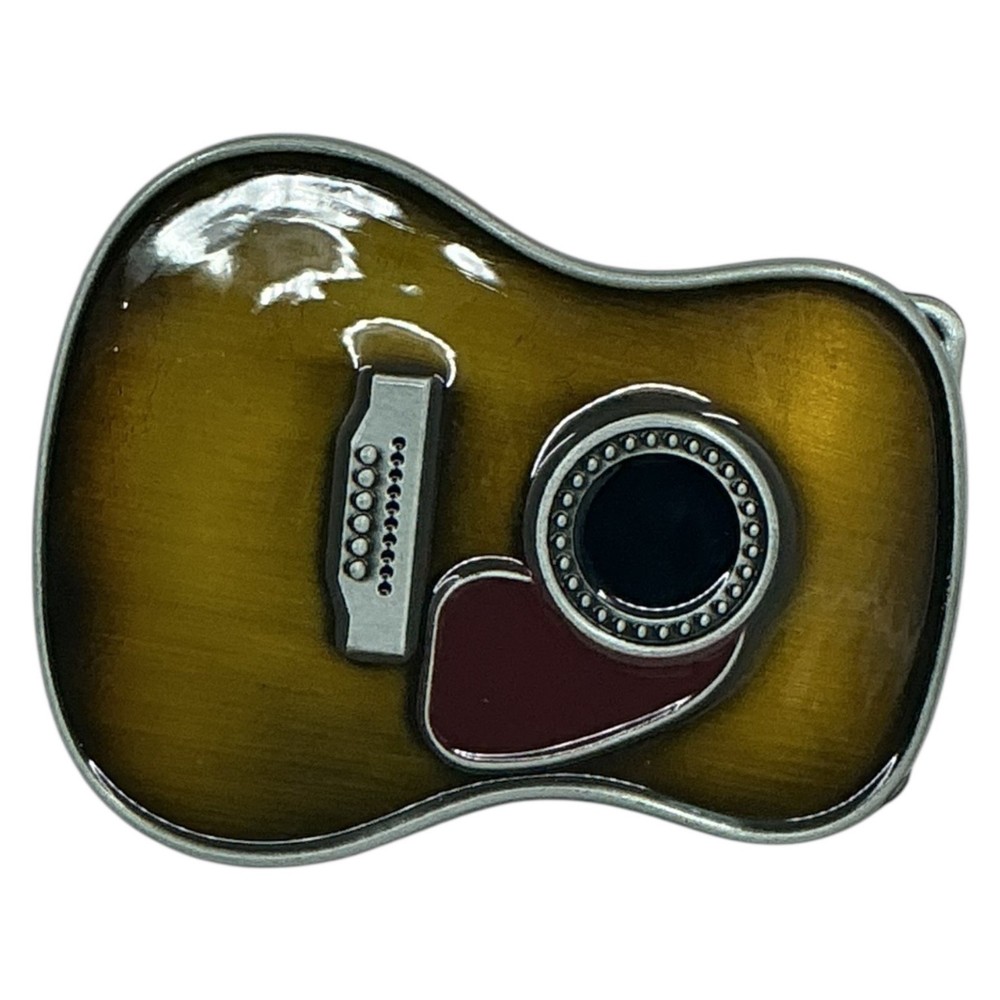 Mens Guitar Shaped Belt Buckle Brown Enamel Music