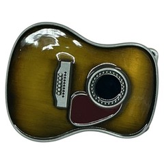Mens Guitar Shaped Belt Buckle Brown Enamel Music
