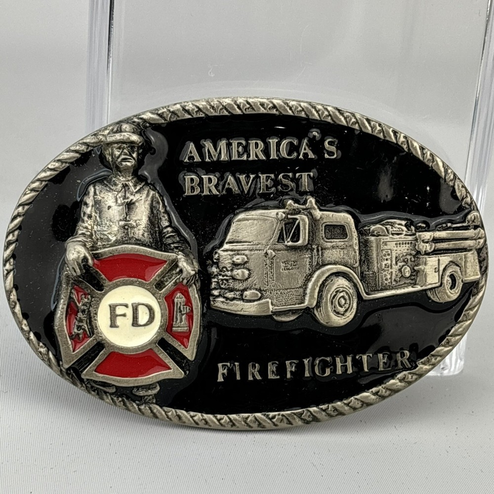 AMERICA&rsquo;S BRAVEST FIRE FIGHTER Belt Buckle 1986 FD Fire Truck Black Red Enamel