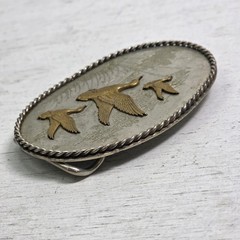 Vintage German Silver Enamel Mallard Duck Belt Buckle Engraved Western Rope Edge