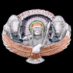 Warrior Chief Native American Indian Buffalo Bison Eagle Plains Belt Buckle