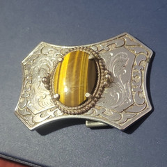 TIGER EYE Western Engraved Silver Floral Belt Buckle w/ TIGER EYE Center 1.5in
