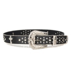 Women&rsquo;s Black Cross Rhinestone Western Motorcycle Bling Leather Belt