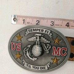 USMC Marine Corps Enameled Belt Buckle And Leather Wrangler Belt 39&Prime;-44&Prime;