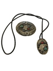 SSI Silver Turquoise Coral American Eagle Feathers Flower Belt Buckle & Bolo Tie