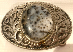 Oval Agate Floral Belt Buckle Silver Tone With Black Enamel 2&Prime; x 3&Prime;