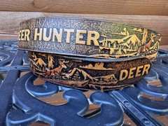 VTG SOLID BRASS INDIANA METAL CRAFT BELT BUCKLE With Tooled Belt Deer Hunters 34