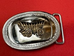 Vintage Covered Wagon On Reflective Oval Two Tone Western Belt Buckle
