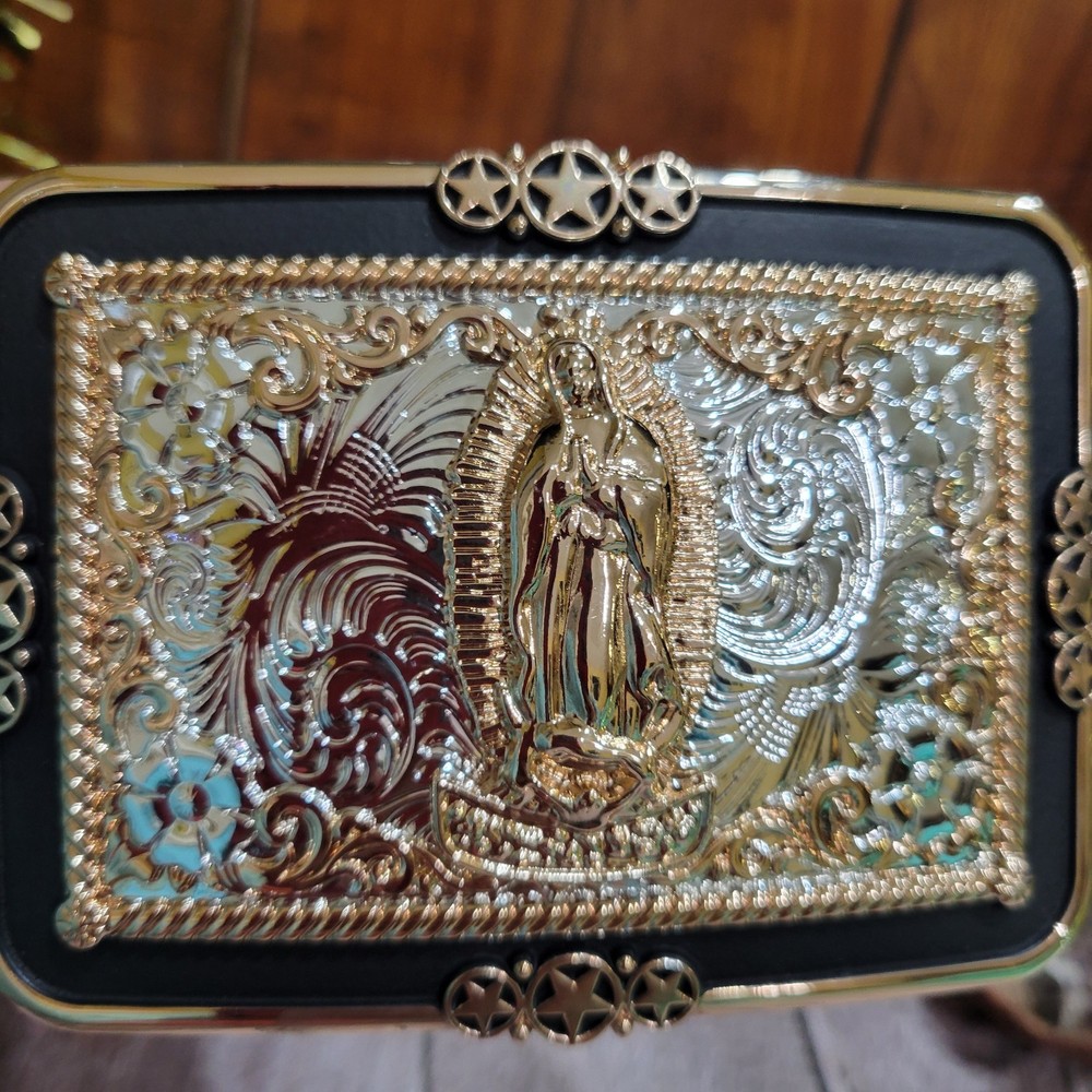 Virgen De Guadalupe Western Belt Buckle Rose Tone & Silver Cowboy Rodeo Buckle