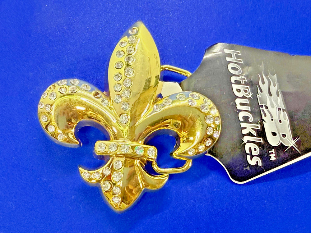 Fleur de Lis with Clear Rhinestone Gold Color Figural Belt Buckle by Hot Buckles