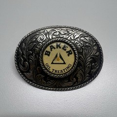 Baker Oil Treating Belt Buckle Vintage Western Floral Oval Silver Tone