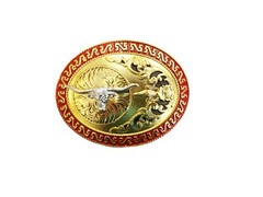 Western Buckle Gold Silver Black Red Longhorn Cowboy Oval 2 » Rodeo Buckle