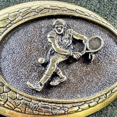 Vintage 1982 Raintree Tennis Player Belt Buckle Gold Bronze Tone Oval Sports