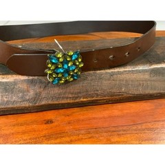 Genuine Italian Bonded Leather Belt Brown Blue Green Crystal Buckle Made in USA