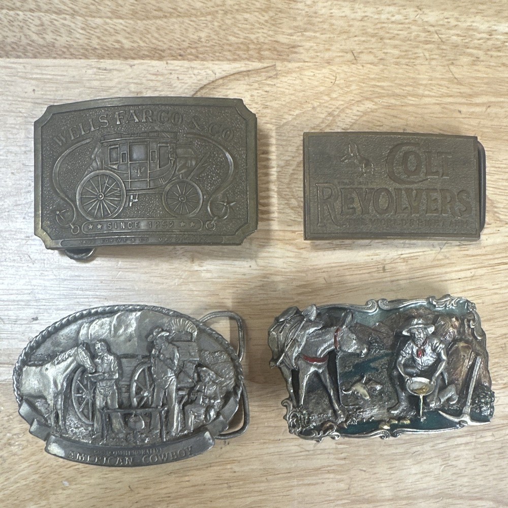 Western belt buckles Wells Fargo & Co Colt revolvers, Arroyo Grande lot of 4