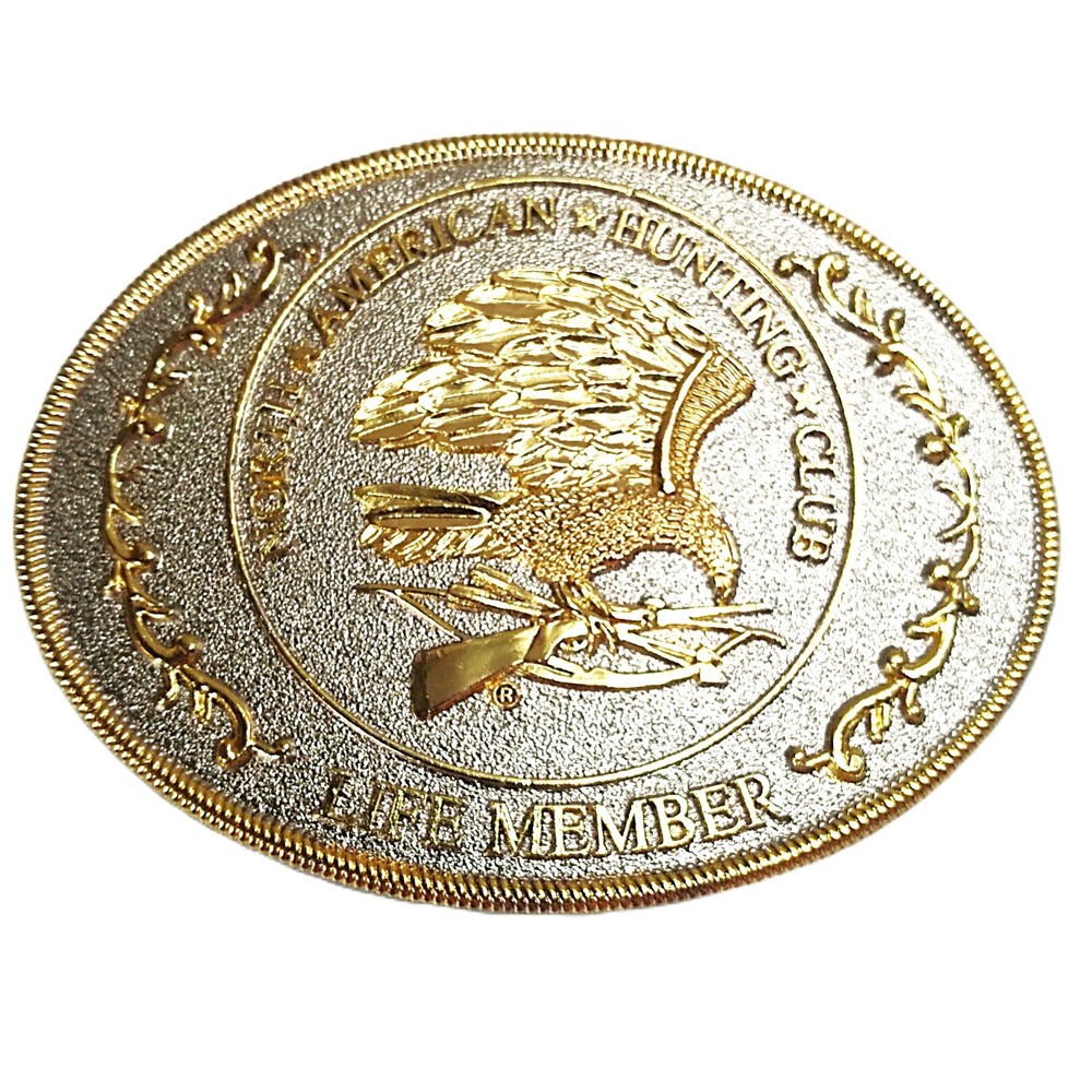 NORTH AMERICAN HUNTING CLUB Belt Buckle Gold & Silver Tone Eagle Bow Arrow Rifle