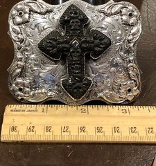 $8K JW Cooper / Comstock Heritage Hand Carved Jet Stone Cross-Skull Belt Buckle