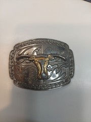 Western Longhorn Belt Buckle Floral Engravings Bull Head Rope Border