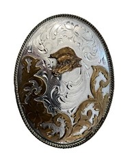 Horse Cowboy large belt buckle Alpaca Mexico 4.5&Prime; x 3.25&Prime; Rodeo Country