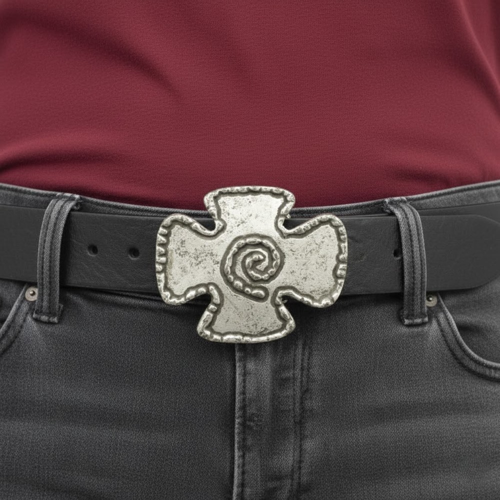Medieval Style Metal Cross Belt Buckle with Spiral Motif V. Antique Silver