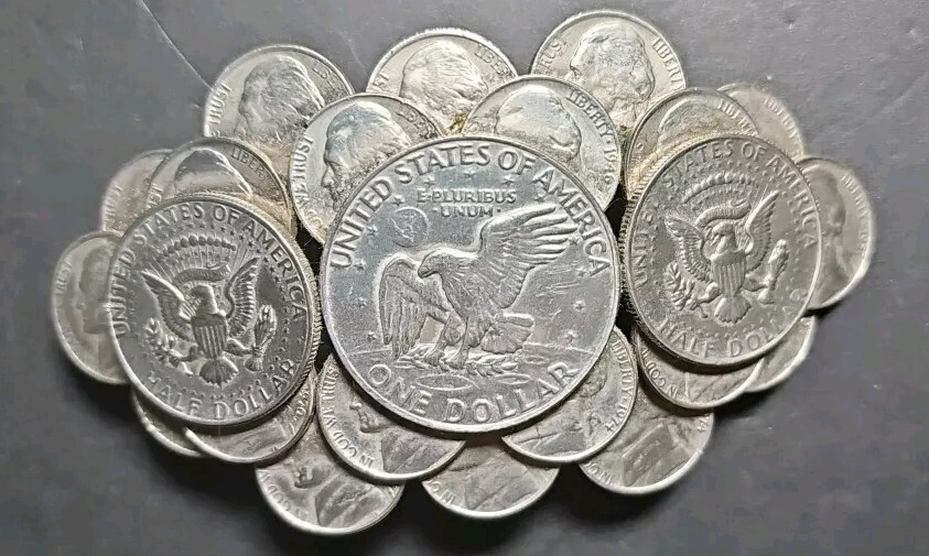 Eisenhower Dollar KENNEDY HALF DOLLARS COIN + NICKELS BELT BUCKLE HEAVY 4.5 In.