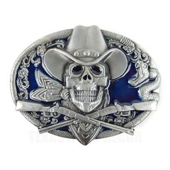 Dead Cowboy Belt Buckle Skull Guns Rattlesnake Blue Enamel Fits 1.5&Prime; Belts