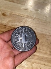 HY Capacity Belt Buckle Collector SOLID METAL Man Cave Patina Mahon Dist. BROKEN