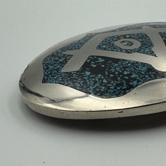 Vintage Masonic Belt Buckle Turquoise Chip Inlay Compass Silver Tone