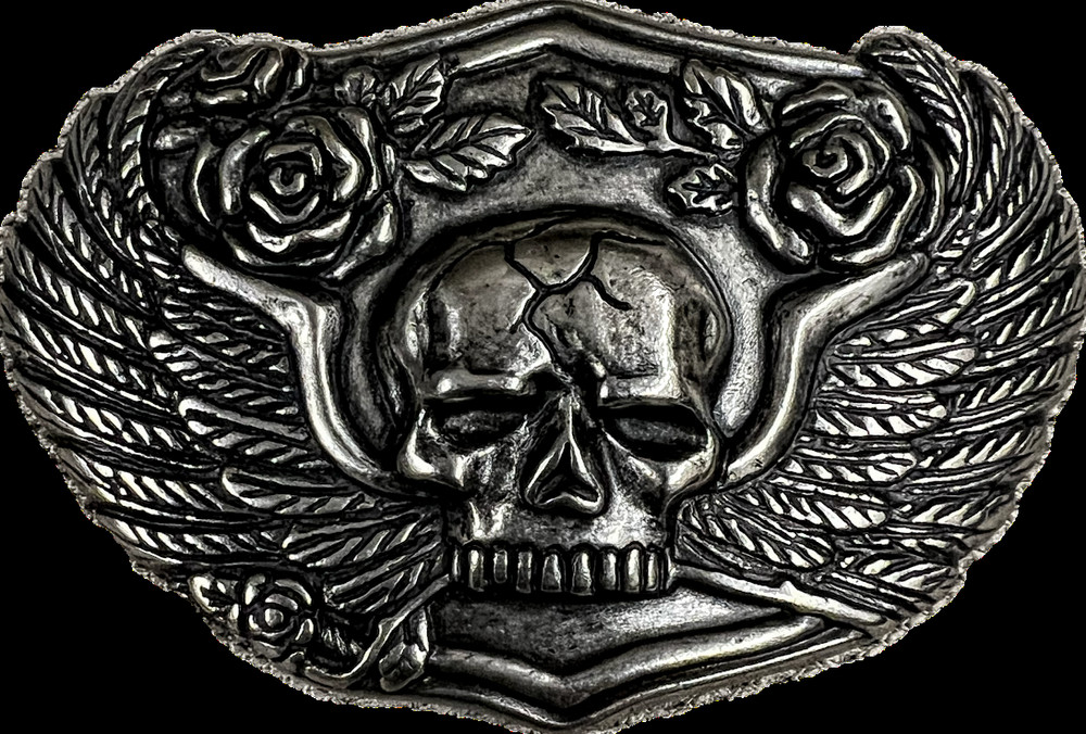 RIVERLAND ISLAND SKULL HEAD W/WINGS & ROSES BELT BUCKLE PEWTER approx 3&Prime; by 3&Prime;