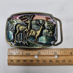 Koleaco USA Vtg Deer Buck Wildlife Brass 3D Enamel Belt Buckle A16 Western