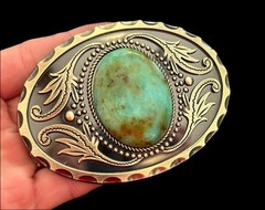 Turquoise Stone Belt Buckle Engraved Brass Western Cowboy Rodeo Style