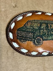 Used Hand Tooled Stitched Leather Tony Lama 1980’s Van Desert Motif Belt Buckle