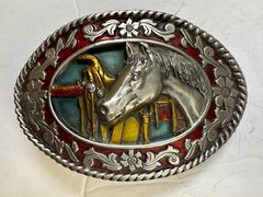 1985 VTG. SISKIYOU Belt Buckle Horse & Saddle Blue Background Excellent COND.