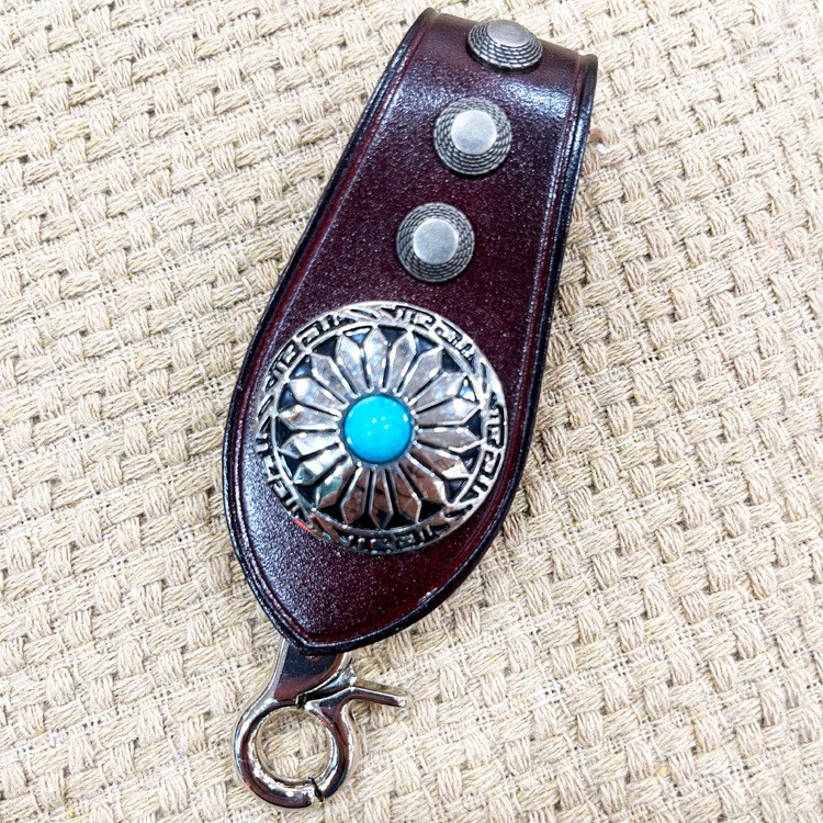 Western Leather Keychain, Turquoise Accent Cowhide Key Ring Clip Car Key Holder