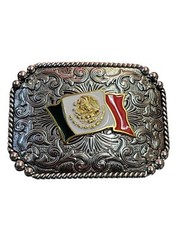 Cowboy Belt Buckle For Man – Mexican Flag 4 1/4&Prime;x3 1/8&Prime; Silver Tone/Gold