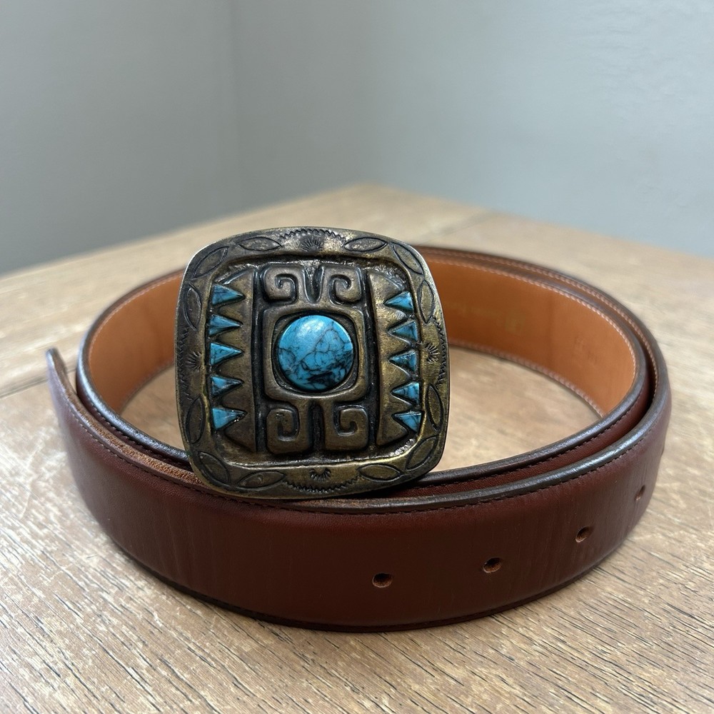 James Reid Leather Belt Size 37 Turquoise & Bronze Native American Belt Buckle