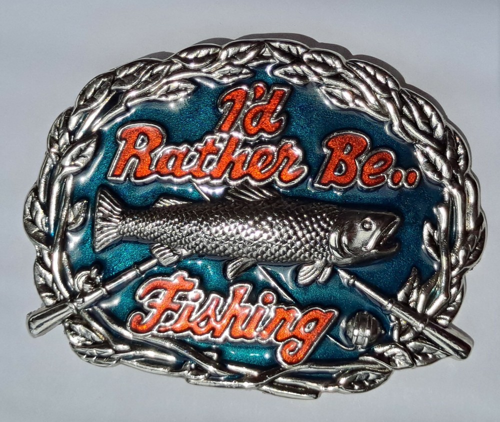 I&rsquo;d Rather Be Fishing Men&rsquo;s Belt Buckle – Silver, Red and Blue colors