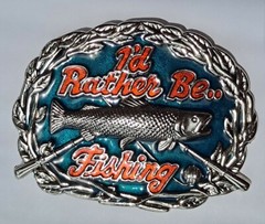 I&rsquo;d Rather Be Fishing Men&rsquo;s Belt Buckle – Silver, Red and Blue colors