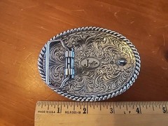 Justin Boots Brand – Belt Buckle Fillagree Engraved Scroll Work Oval Nice