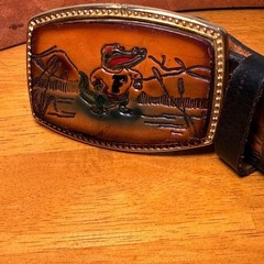 Vtg Brown Leather Belt with UF of Fl Mascot with Western scenes. Buckle Uf Gator