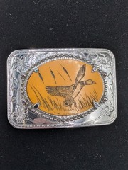 Vtg Mallard Duck Scrimshaw Style Belt Buckle Resin Wildlife Western Mens Olson