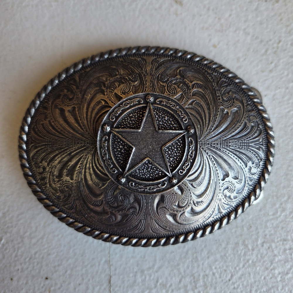 Oval Silver Metal Western Belt Buckle Engraved Star Floral Fits 1.5&Prime; Belt