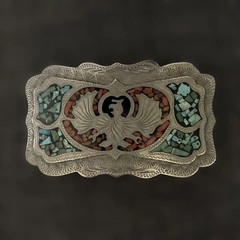 Vintage BAR-J Denver Turquoise Coral Inlay German Silver Western Belt Buckle USA