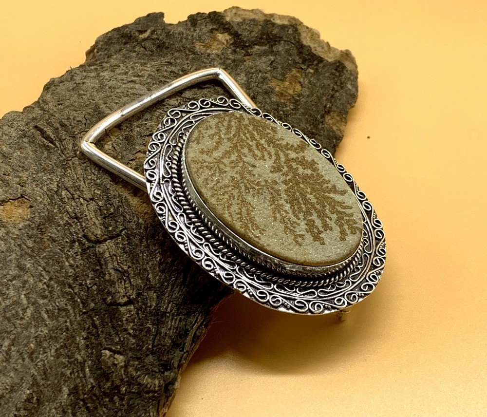 Handcrafted 925 Sterling Silver Fossil Coral Dendrite Stone Oval Belt Buckle.