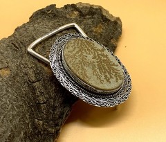 Handcrafted 925 Sterling Silver Fossil Coral Dendrite Stone Oval Belt Buckle.
